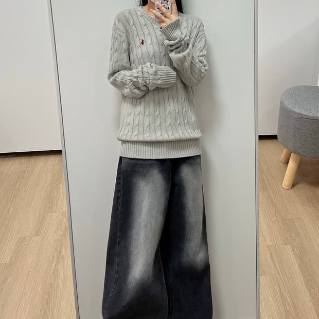 폴로 랄프로렌 버건디 포니 그레이 케이블 니트 스웨터