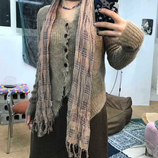 빈티지 린넨 체크 머플러 