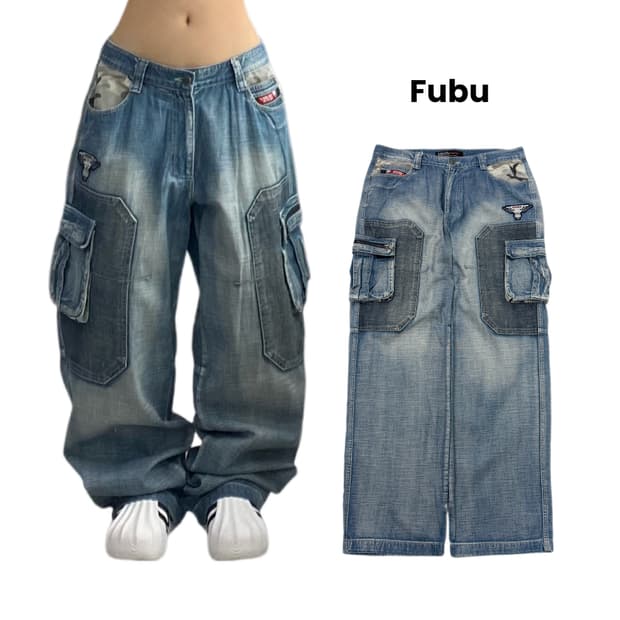 FUBU 후부 Y2K 힙합 워싱 와이드 데님 카고팬츠