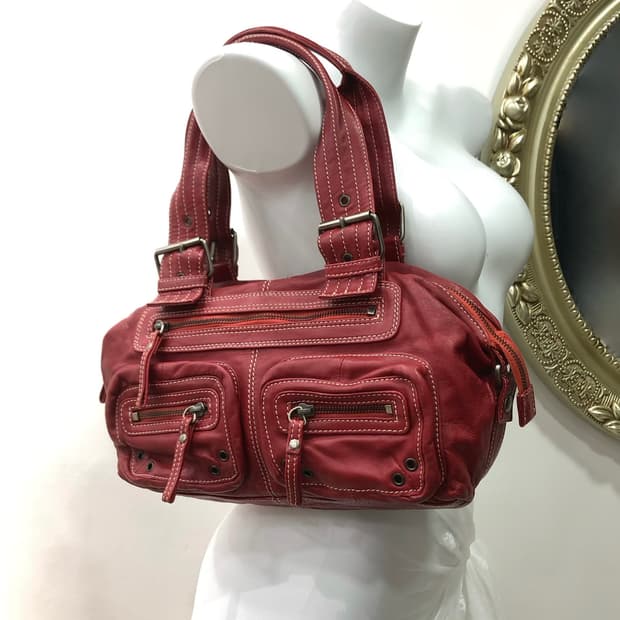 red multi pocket leather shoulder bag