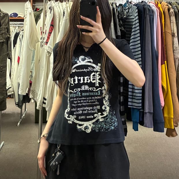 LL)Japanese vintage 여성 레이스 디테일 프린팅 반팔 티셔