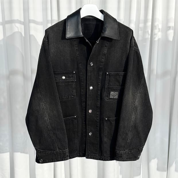 (48) 26SS 우영미 블랙 레더 데님 워싱 자켓 블랙