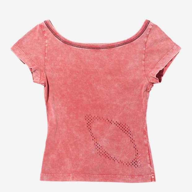 미스치프 블리치드 와이드 넥 티셔츠 블리치드 레드 S