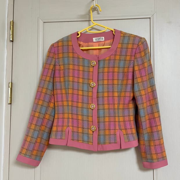 ACEPTO 핑크 체크 트위드 울100 자켓