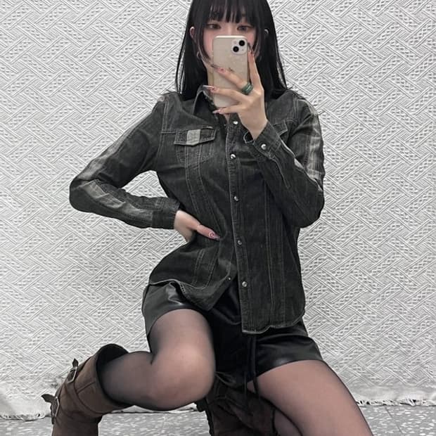 리 빈티지 에스닉 레트로 00s 흑청 워크 데님셔츠 95 C11992