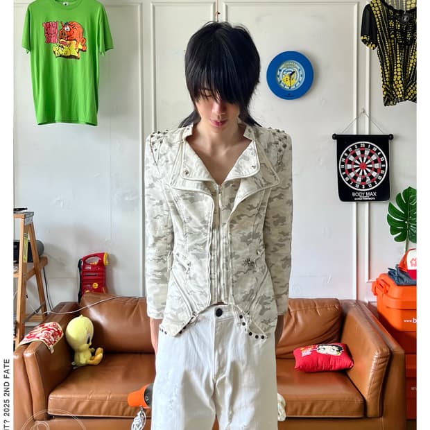 Vintage White Camo Stud Trim Jacket