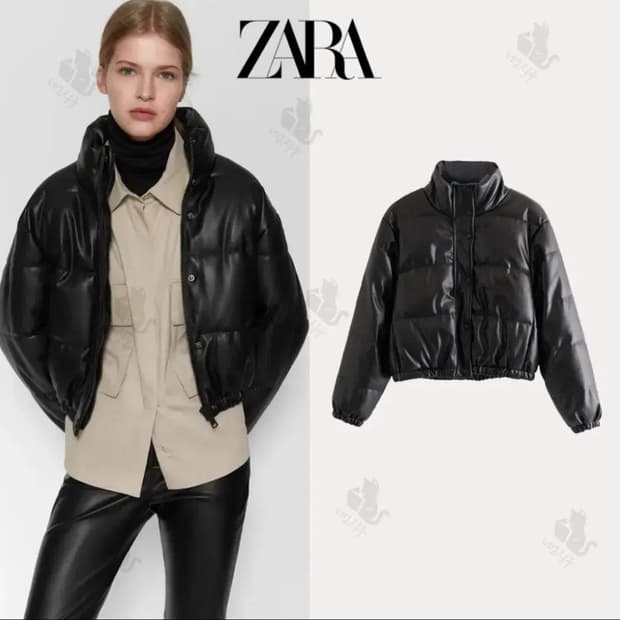 자라 블랙 레더 크롭 패딩 점퍼 s