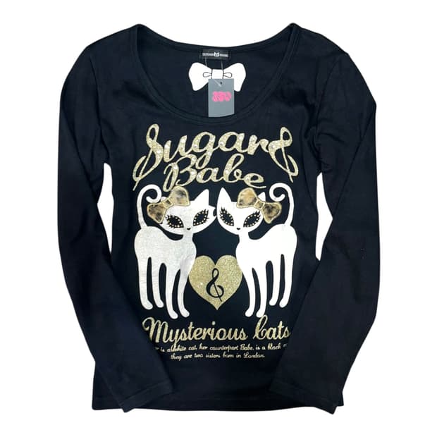SUGAR BABE 고양이퍼리본포인트 프린팅 긴팔티 갸루y2k