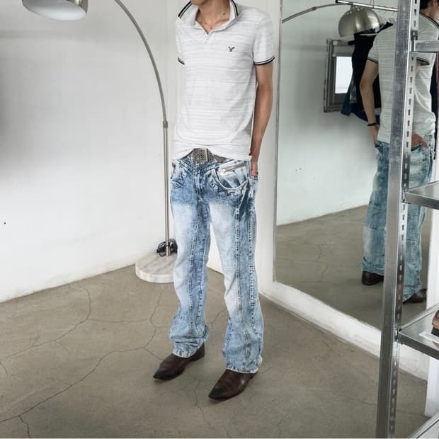 VINTAGE CRACK WASHING PANEL DENIM PANTS