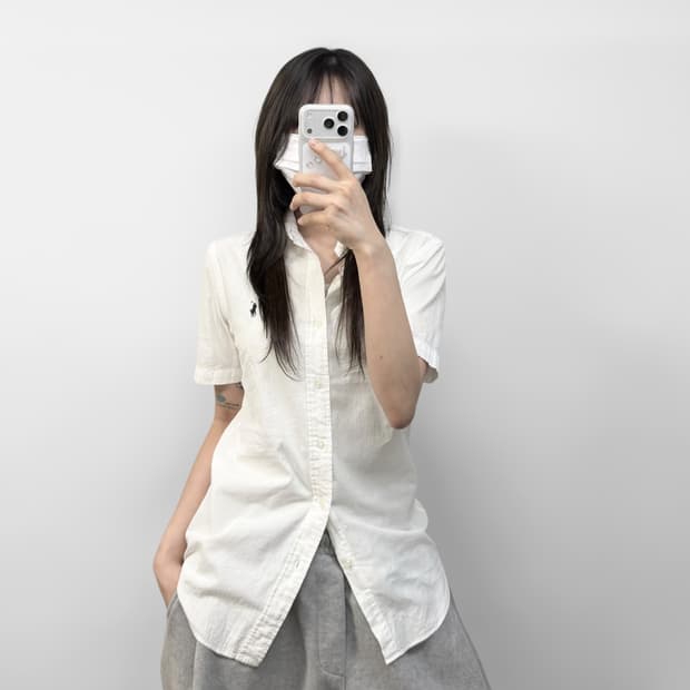 폴로 랄프로렌 포니 로고 시어서커 반팔 셔츠 화이트