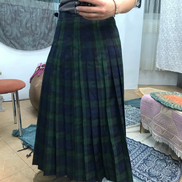 빈티지 여성 체크 벨티드 롱 랩 스커트 