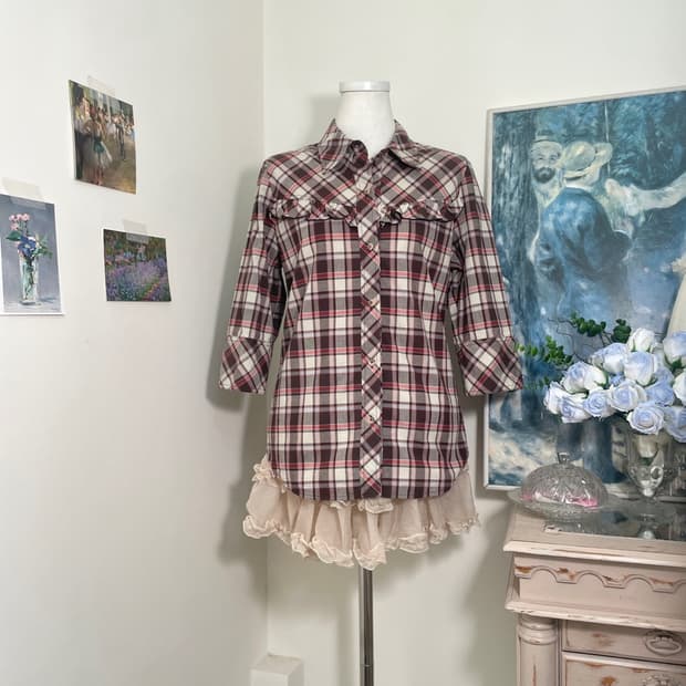 red brown ruffle cotton shirt