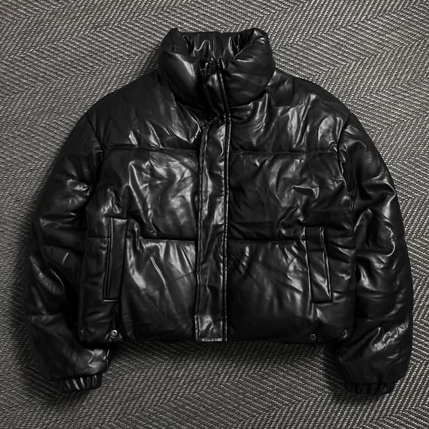 빈티지 우먼스 블랙 비건 레더 패딩 점퍼o 4752