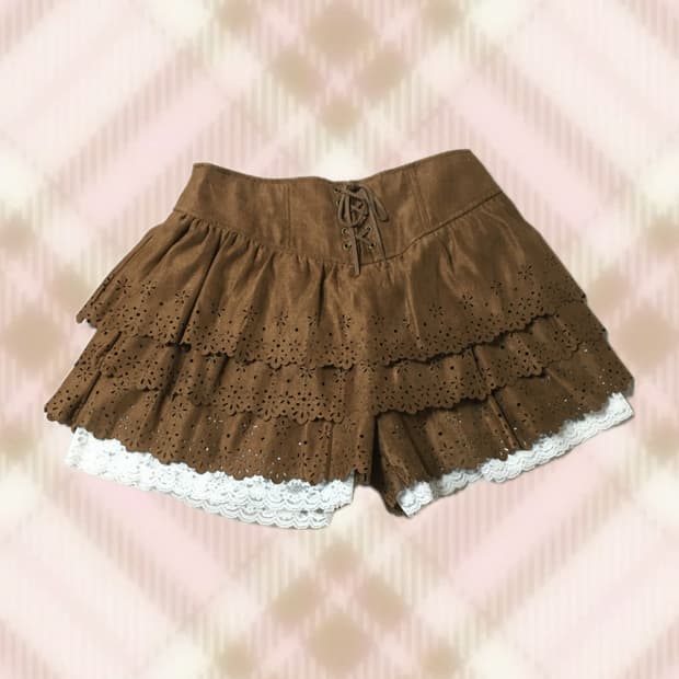 브라운 스웨이드 레이스 캉캉 큐롯 스커트 치마 라떼 히메 갸루 러블리