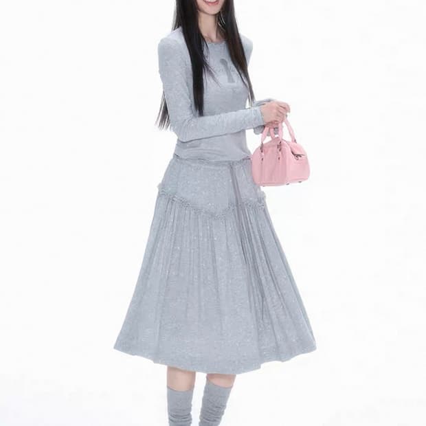 necy studio 중브 테스트메커니즘 그레이  도트 롱스커트