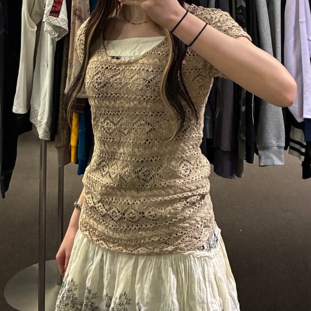 M)Ikka 빈티지 여성 보헤미안 펀칭 반팔 니트