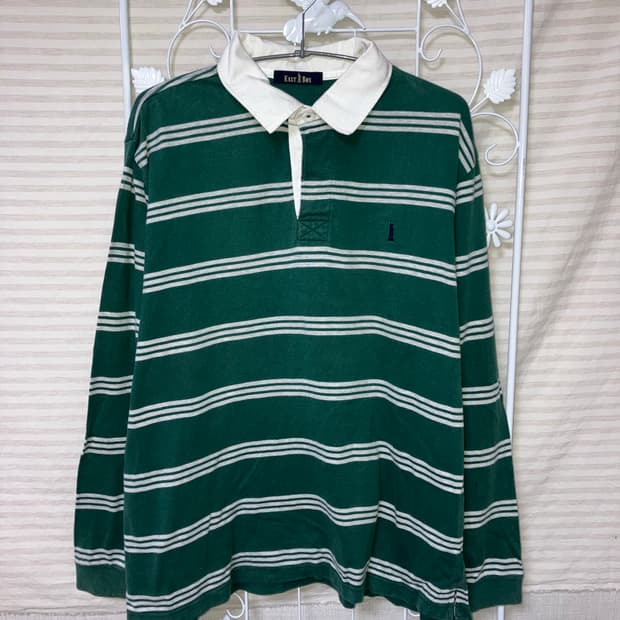 빈티지 그린 스트라이프 카라 티셔츠 y2k 스트릿 갸루 펑키 일본빈티지