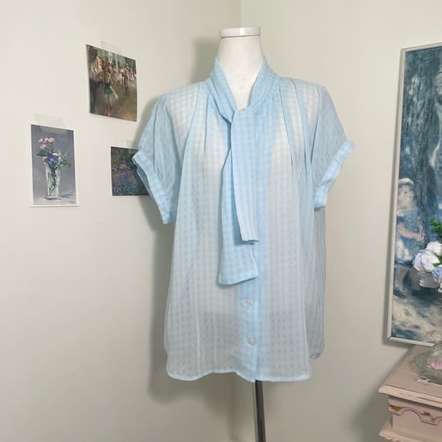 sky blue check chiffon tie blouse