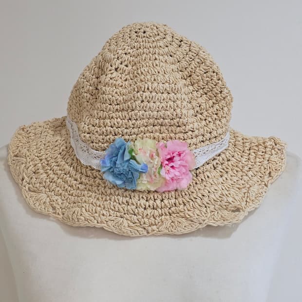 일본빈티지)하구미모리걸st 플라워 로맨틱 여름레이스라탄여행밀집모자