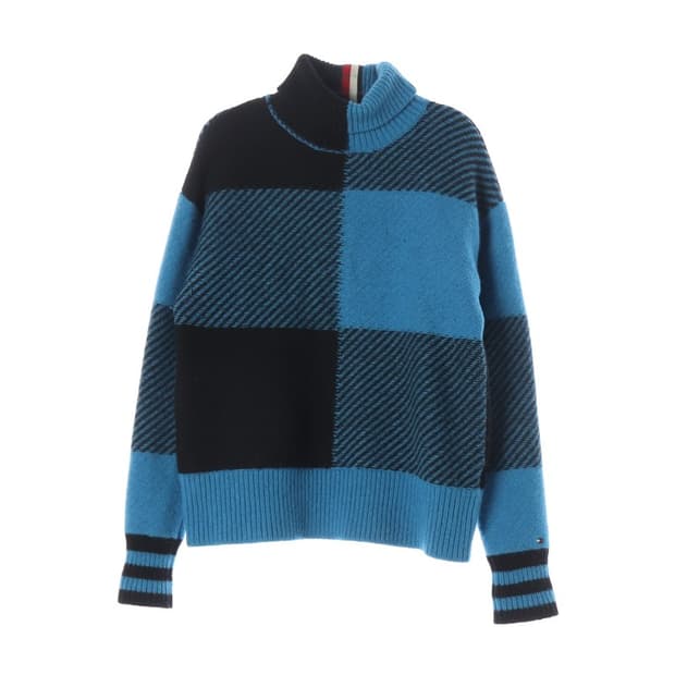 타미힐피거 블루 블록 체크 울 터틀넥 니트 L
