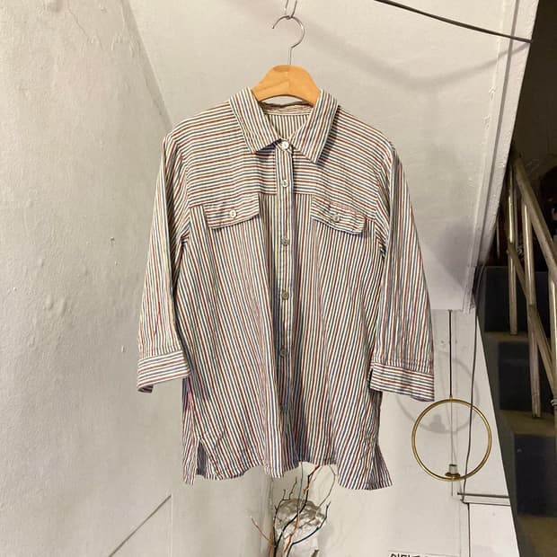 리넨 스트라이프 투포켓 셔츠