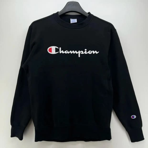 라지 챔피언 블랙 오버핏 로고 맨투맨티셔츠 빈티지