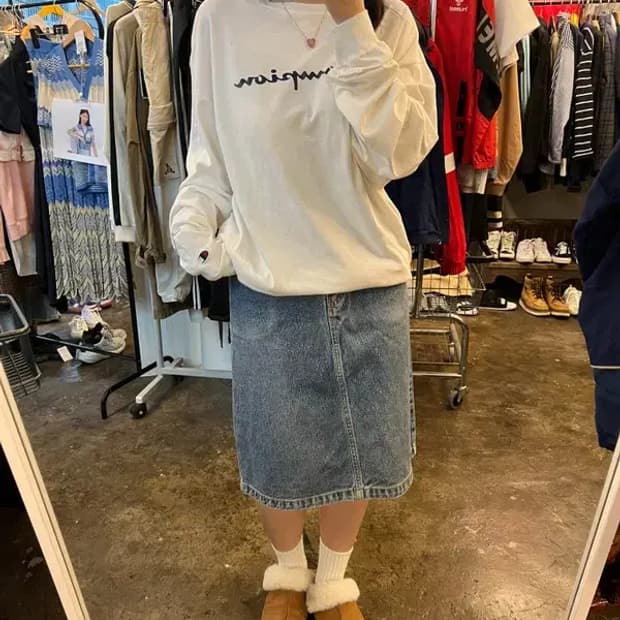 66 Lee 새상품 우먼 올드스쿨 데님 미디스커트 인디고 라이트