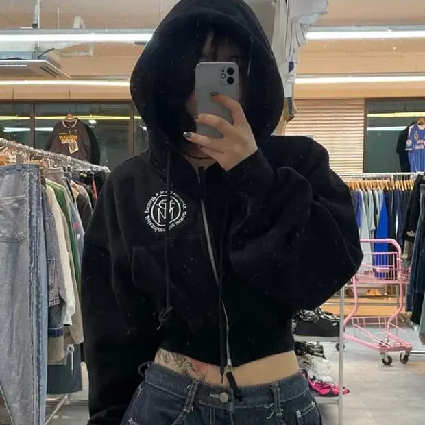 프리 우먼 파르티멘토 여자 크롭 블랙 후드집업티셔츠