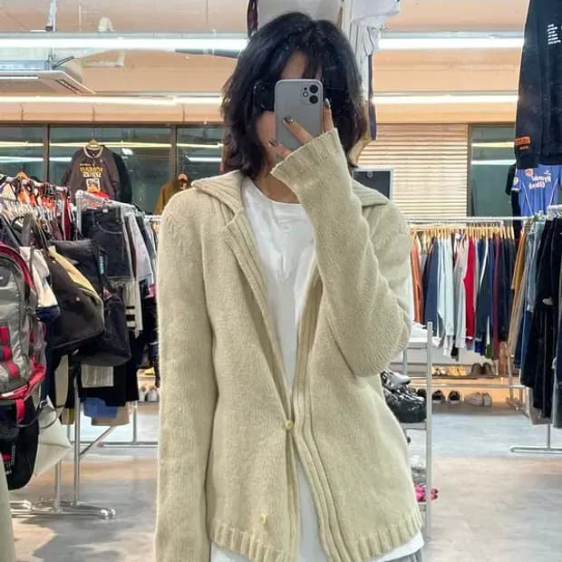 90 여자 시스템 숄카라 니트 가디건 베이지