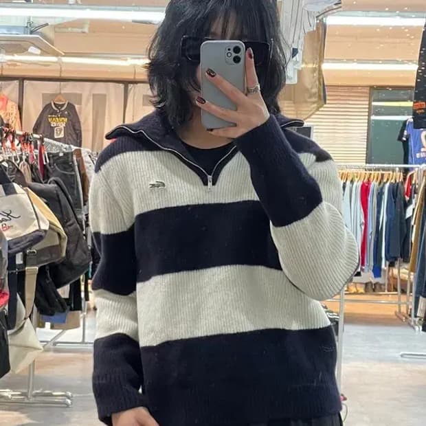 100 라코스테 반집업 카라 풀오버 니트 집업