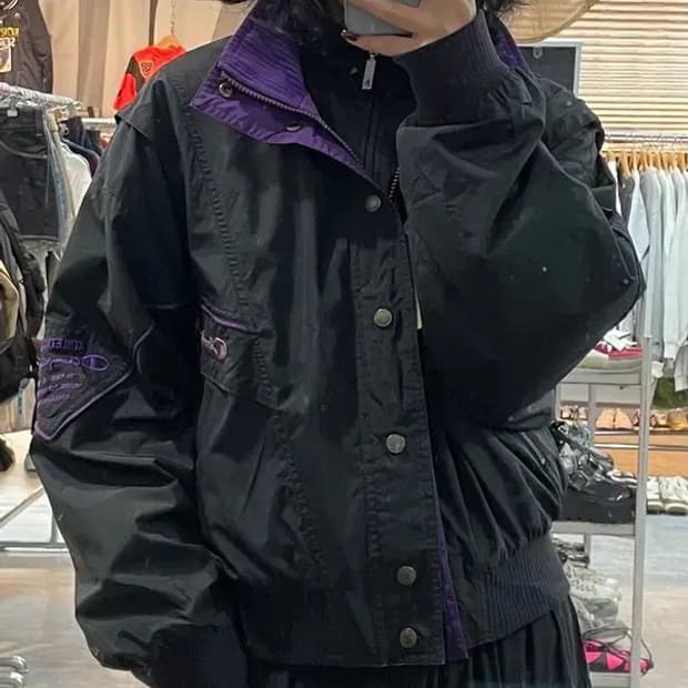 미디움 90s 올드스쿨 아카이브 챔피온 봄버 나일론 자켓 블랙