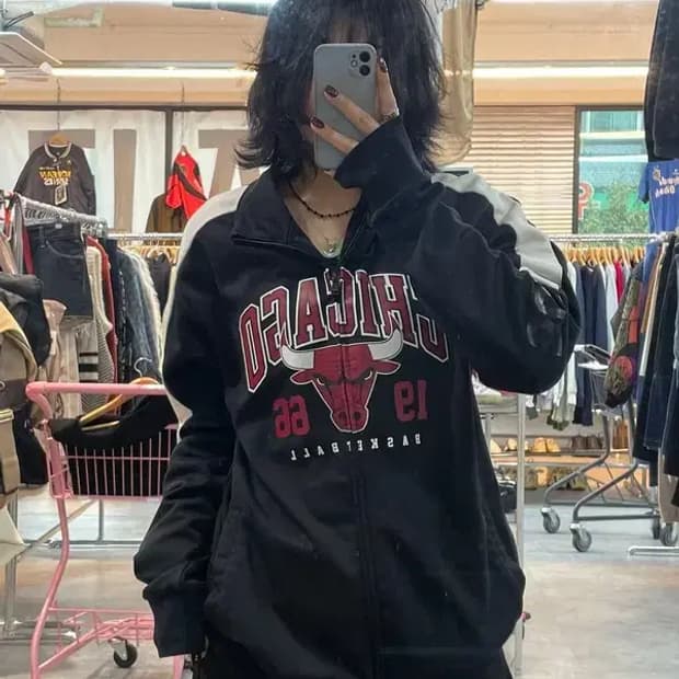 라지 NBA 시카고 불스 라글란 배색 트랙탑 트레이닝 집업