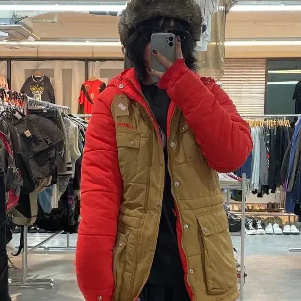 85 아디다스 컬러 블록 패딩 파카 브라운 올드스쿨