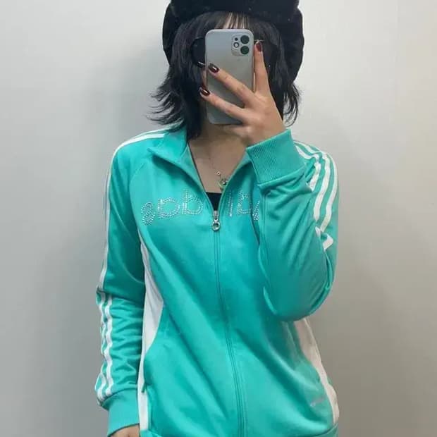 90 아디다스 우먼스 글리터 트랙탑 져지 에메랄드