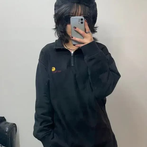 라지 칼하트 WIP 하프 집 아메리칸 스크립트 스웨트셔츠 블랙