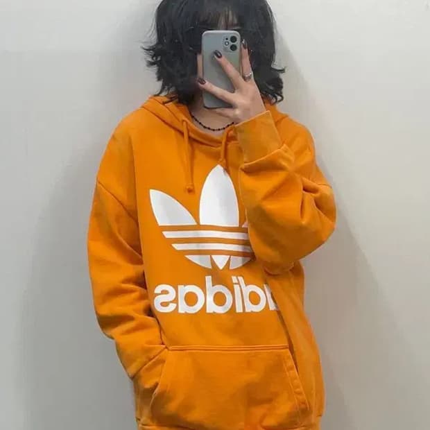 라지 아디다스 파이어버드 트레포일 빅로고 후드 오렌지