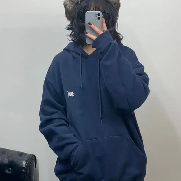 라지 브라운브레스 오버핏 뒷판로고 네이비 후드티셔츠 후디