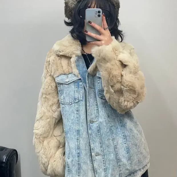 프리 by flow 바이플로우 오버핏 퍼 데님 청자켓