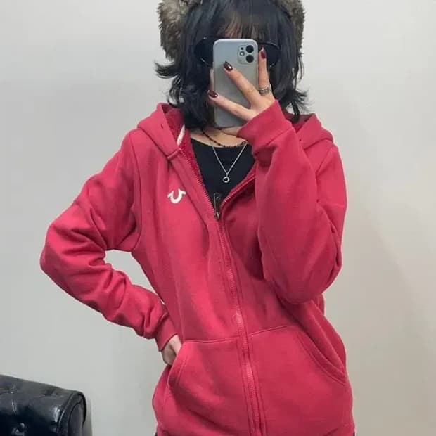 100 트루릴리전 여자 오버핏 올드스쿨 후드집업 티셔츠 레드