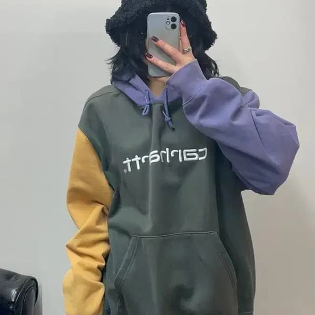 라지 칼하트 WIP 오버핏 배색 후드 티셔츠