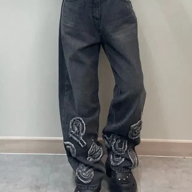 2 오와이 패치로고 워싱 데님 팬츠 와이드진 블랙