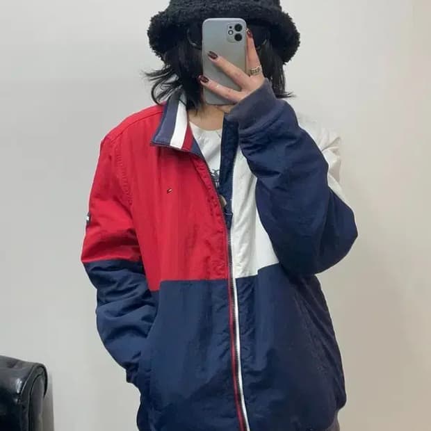 라지 타미 진스 컬러블록 투톤 배색 패딩 다운 점퍼