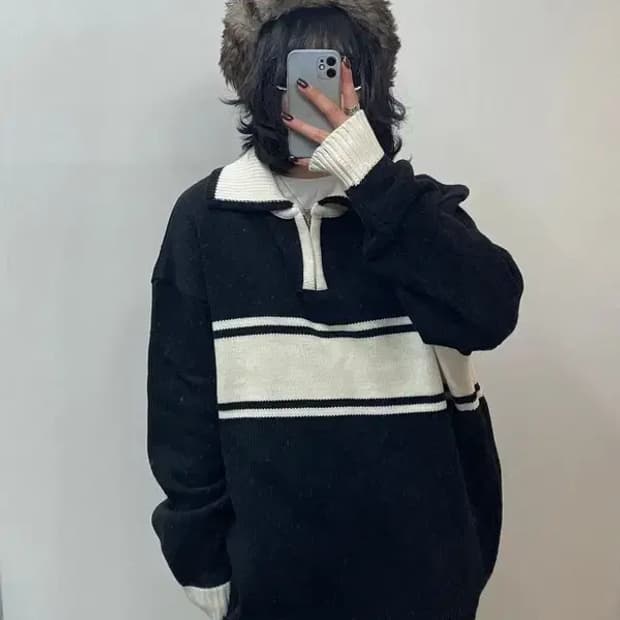 라지 수아레 럭비 카라 반집업 오버핏 니트 블랙