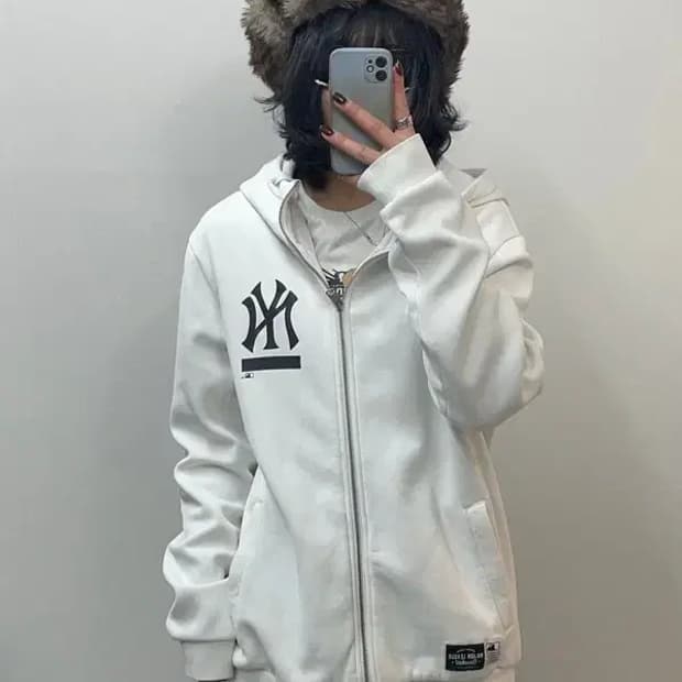 110 MLB 뉴욕 양키스 로고 후드 집업 화이트