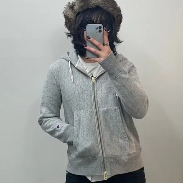 라지 여성 챔피온 리버스 위브 풀집 후드 집업 그레이