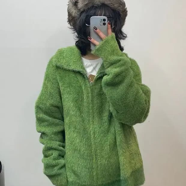 XL 새상품 노매뉴얼 하이넥 헤어리 니트 집업 그라스 그린