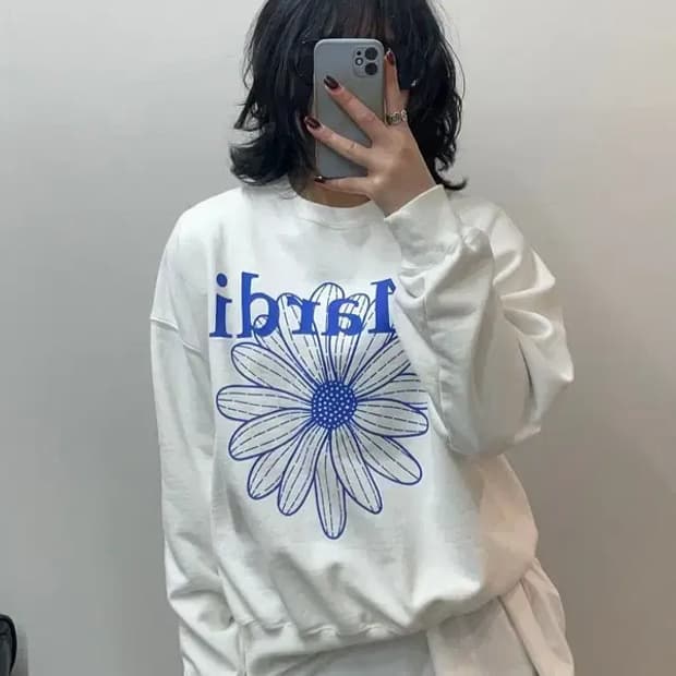 마르디 메크르디 화이트 블루 플라워 로고 코튼 스웻셔츠 맨투맨 티셔츠