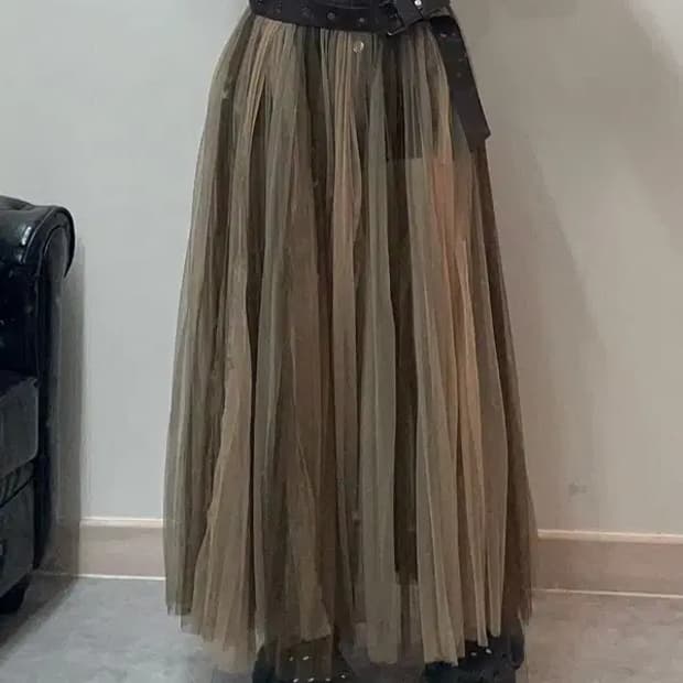 jpn 시스루 망 배색 밴딩 롱 스커트