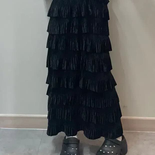 프리 JPN 빈티지 프릴 타이트 롱 스커트 블랙