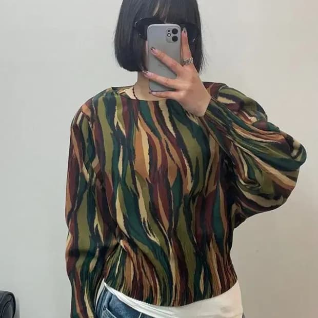 프리 빈티지 패턴 멀티컬러 크롭 블라우스